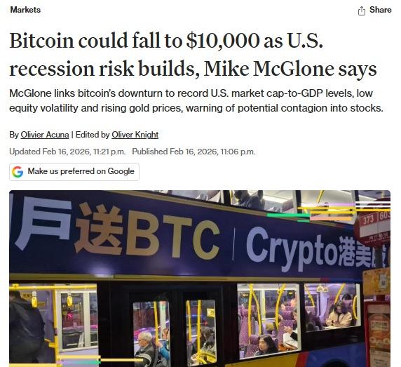 "비트코인 1만달러까지 추락, 미국 침체에 빠트릴 것"-코인데스크